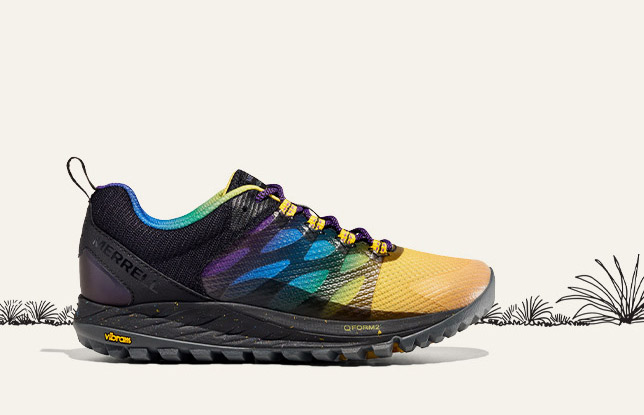 One Merrell Antora 2 shoe in rainbow colours.