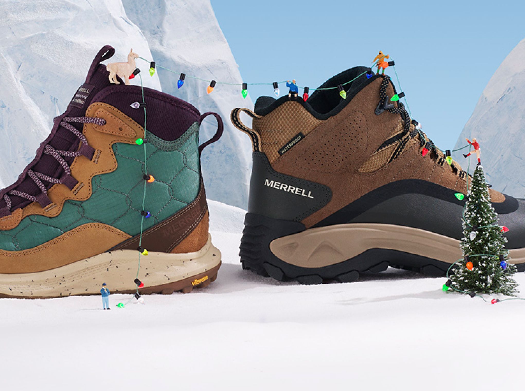 A pair of Merrell hiking boots with lights.