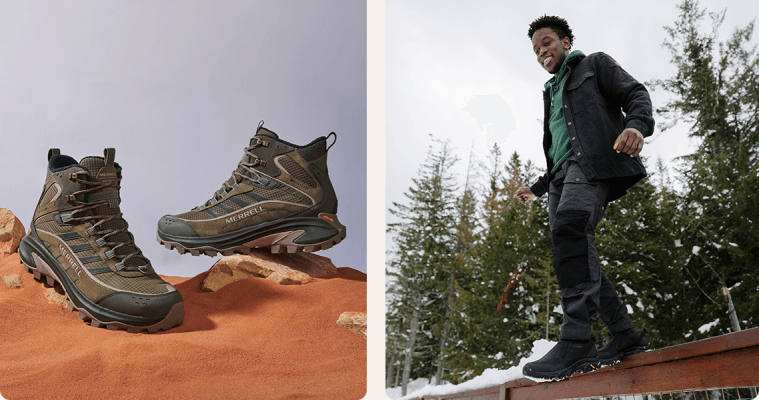 A person walking in the snow have fun in the snow, wearing Merrell gear.