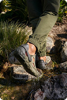 Someone wearing Merrell sandals.