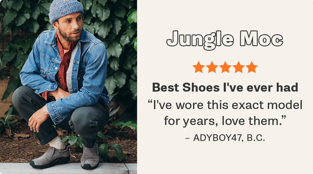 A pair of Merrell Jungle Moc shoes with a review.
