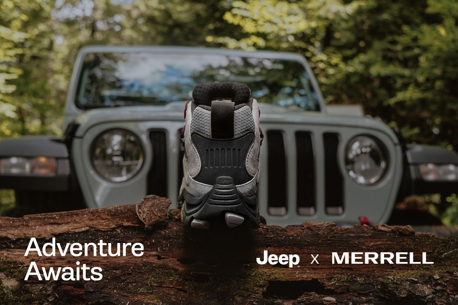 Close up shot of a Merrell shoe and a Jeep.