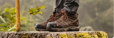 Gros plan sur des chaussures de randonnée Merrell posées sur une souche d'arbre.