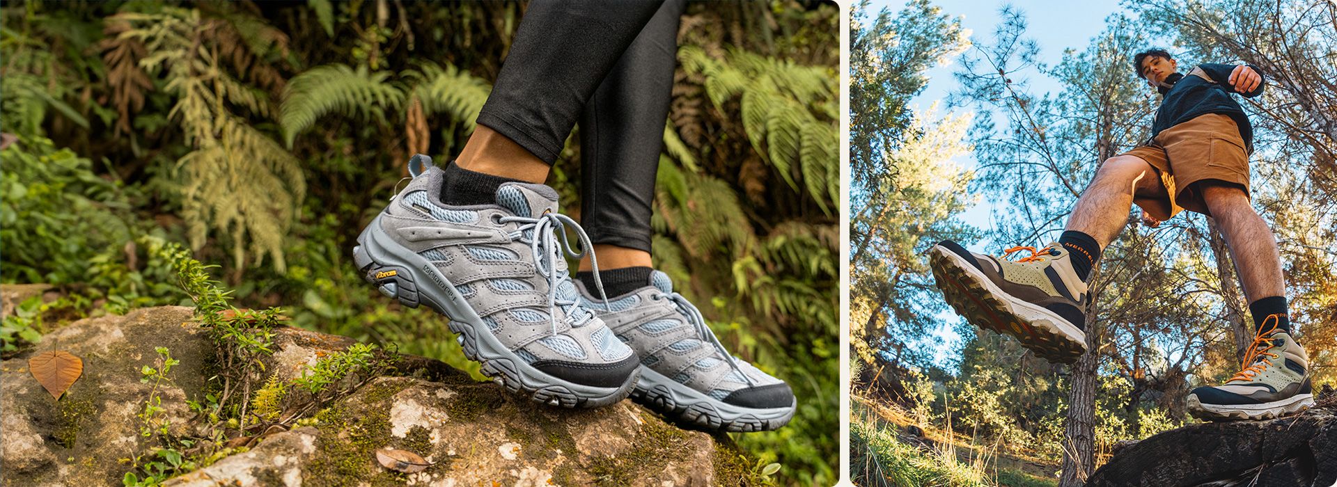 A person's feet in a pair of Merrell Hiking shoes.