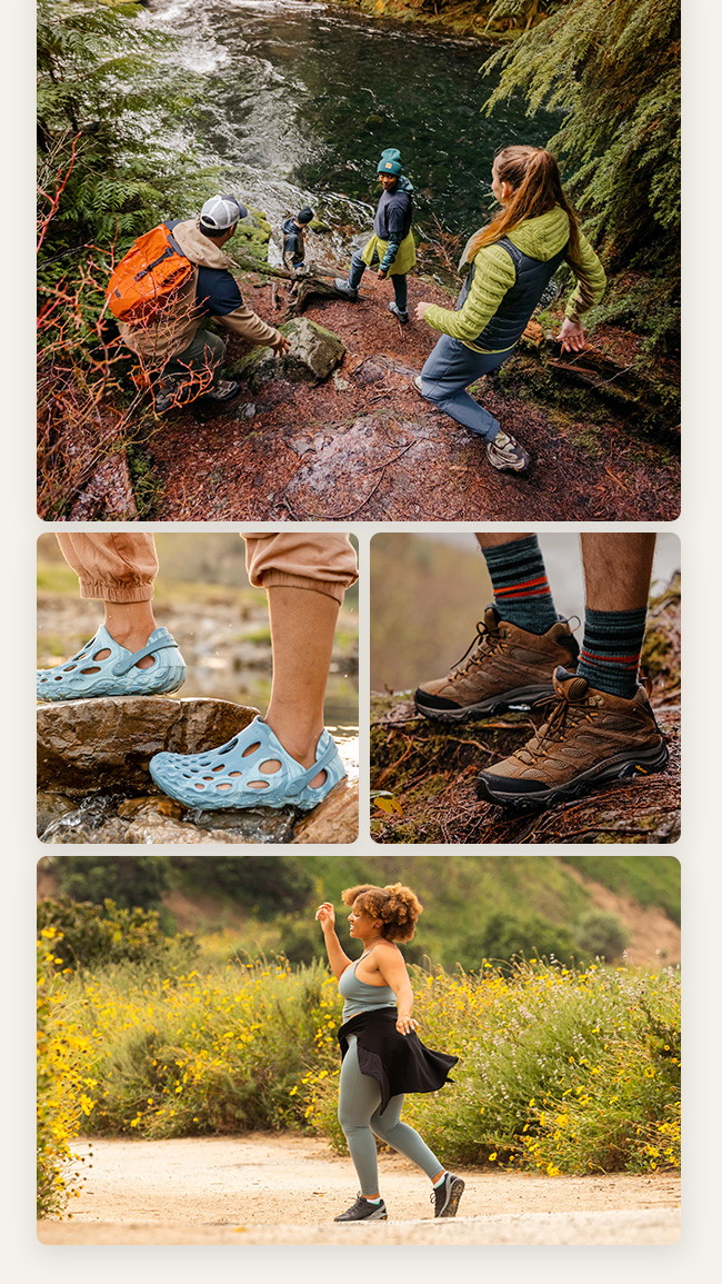 Collage with people wearing Merrell shoes.