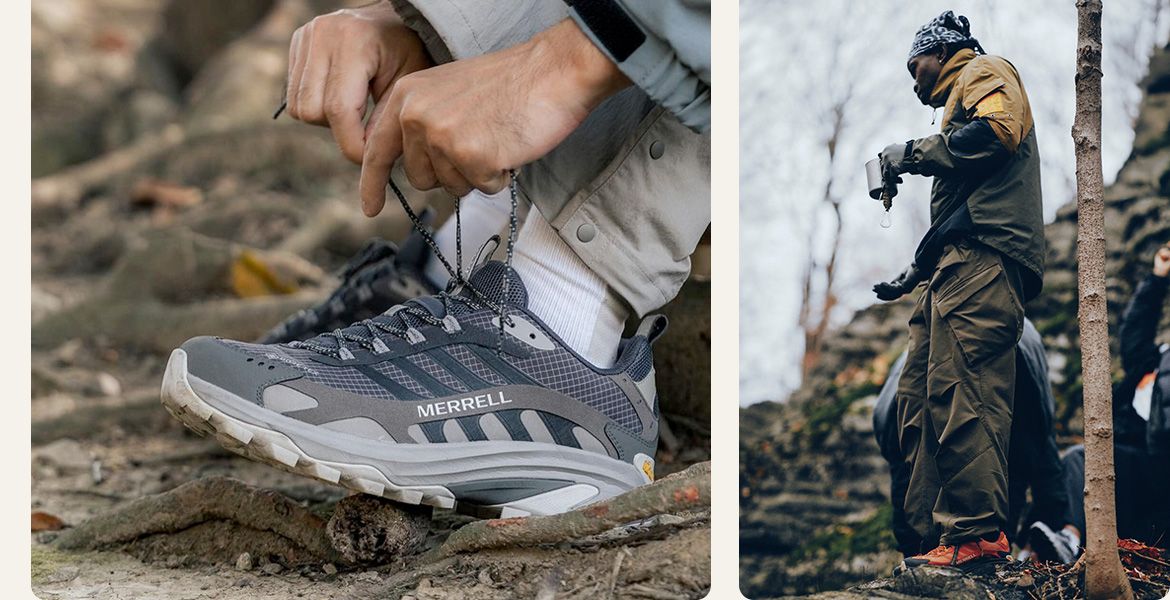 A person tying his Merrell Moab Speed 2 shoes.