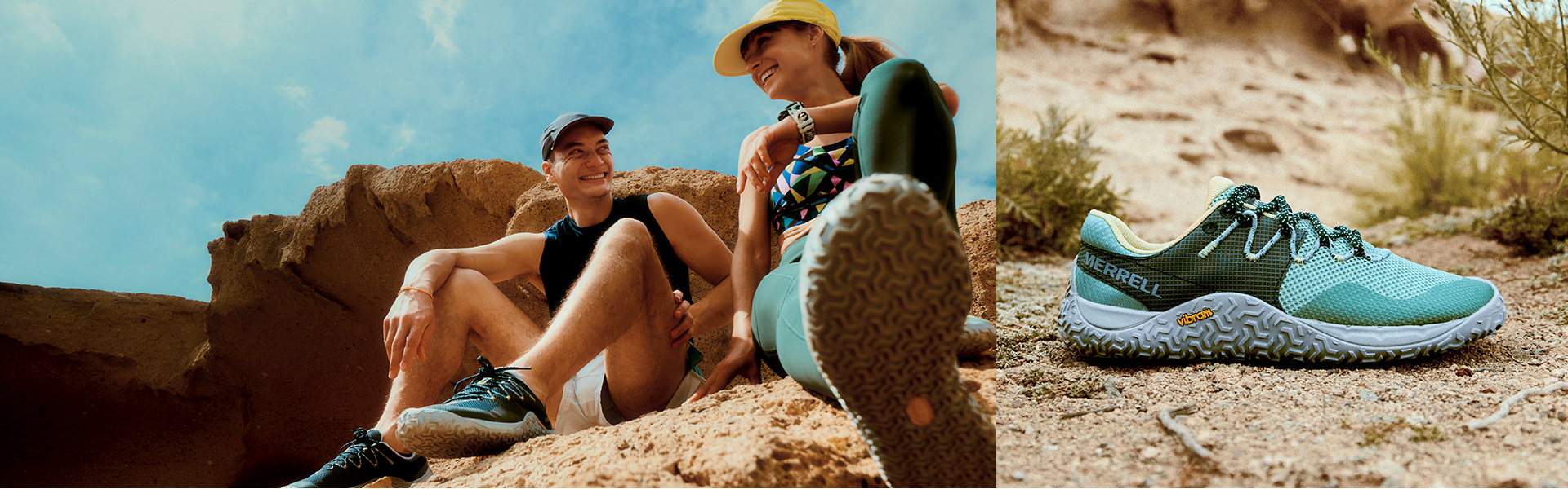 Two people sitting on a rock wearing Merrell barefoot shoes.