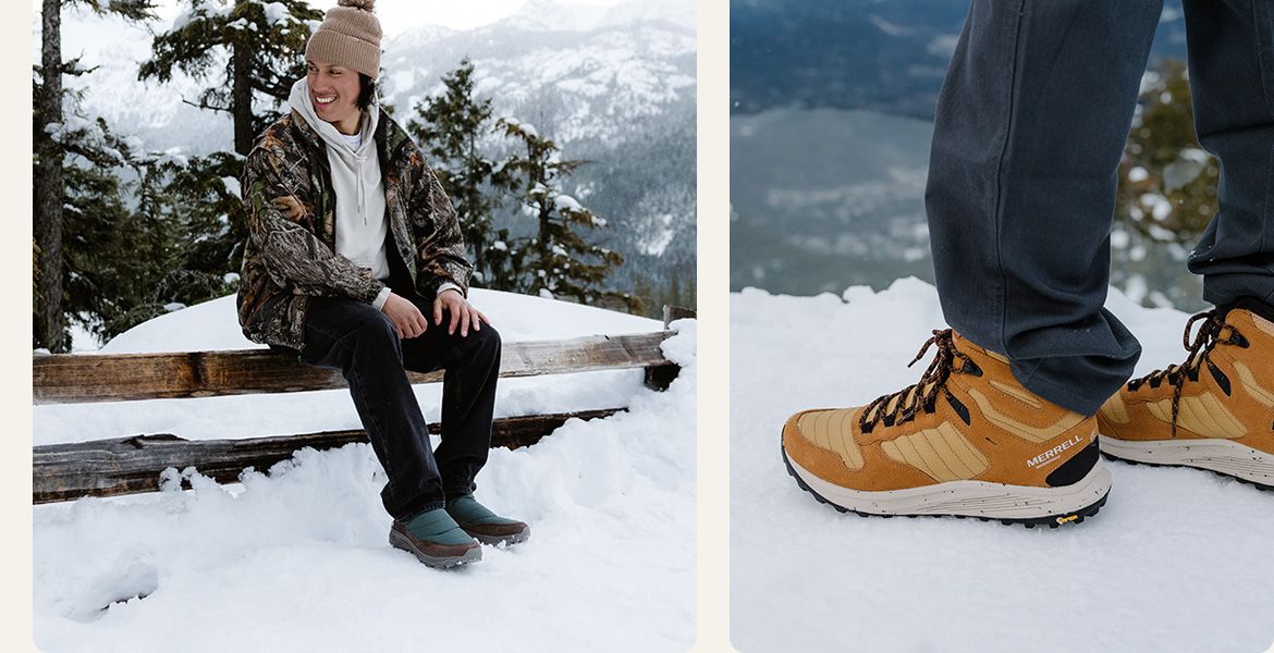 Une personne assise sur un banc dans la neige portant des équipements Merrell.