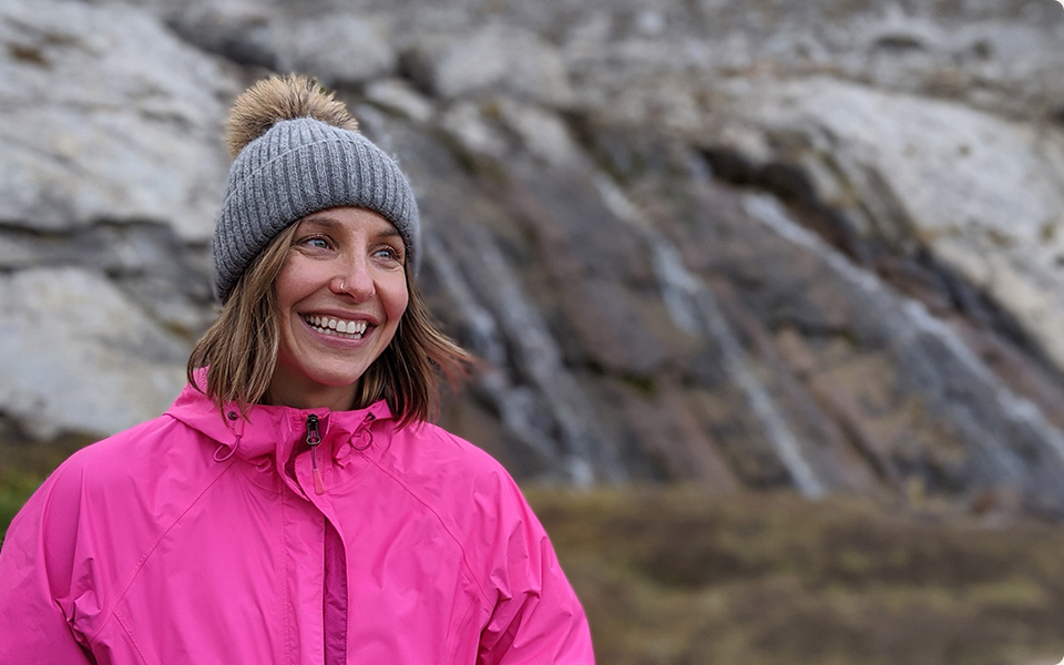 Cassie Hawrysh standing outside wearing winter Merrell gear.