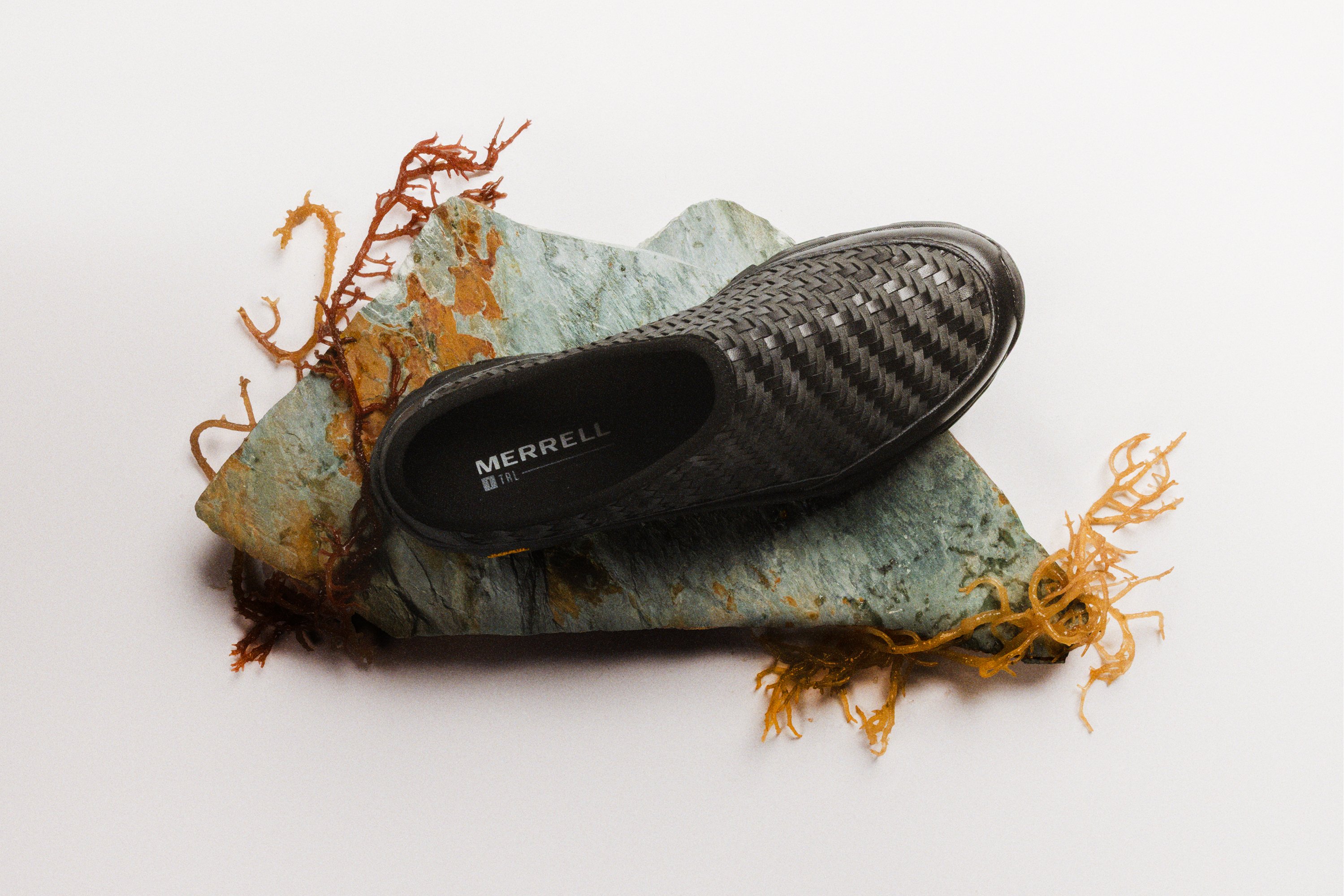 Merrell 1TRL Moab 2 Slide woven leather shoe resting on a mossy rock with seaweed
