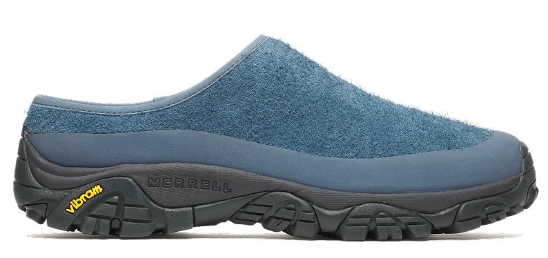 a blue slipper with black sole