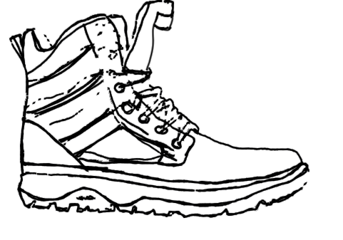 Black line drawing of a mid-ankle trail shoe.