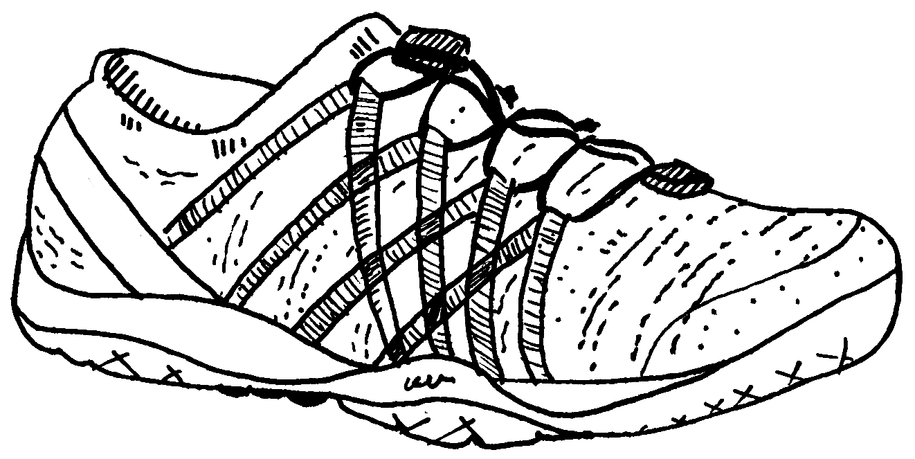 Black line drawing of a low-top gym shoe.
