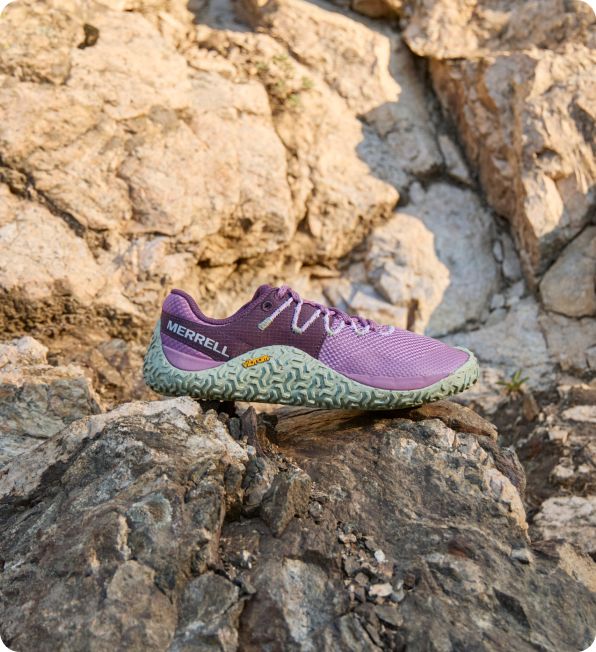 a purple shoe on a rock