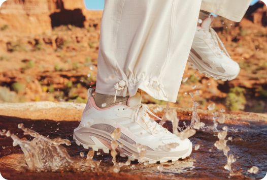 a person wearing waterproof shoes and stepping in water.
