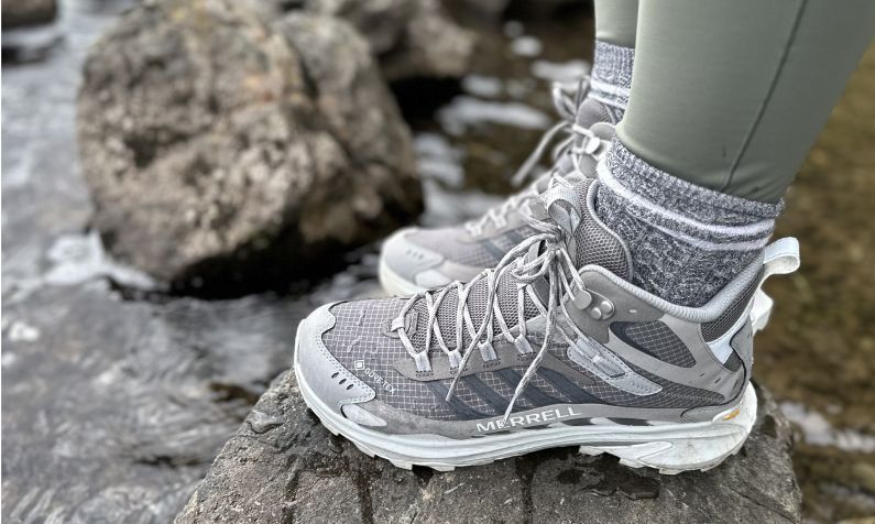 Closeup of merrell shoes