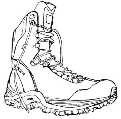 Black line drawing of a hiking boot.