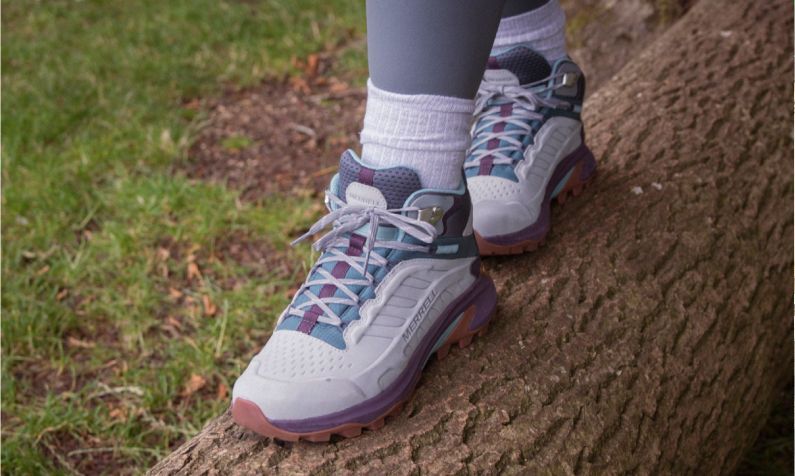 Closeup of merrell shoes