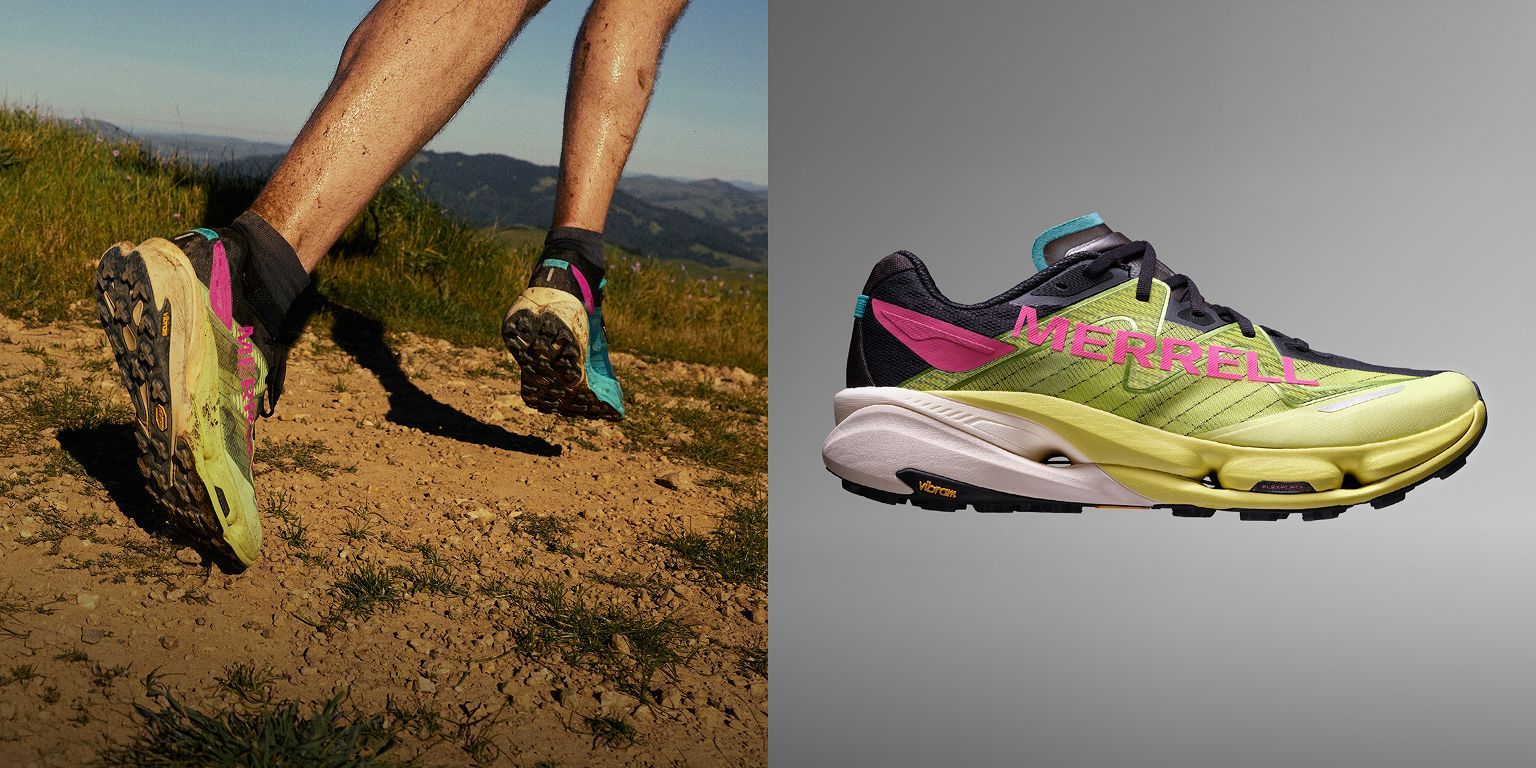 Black, pink and yellow Merrell SpeedArc shoes.