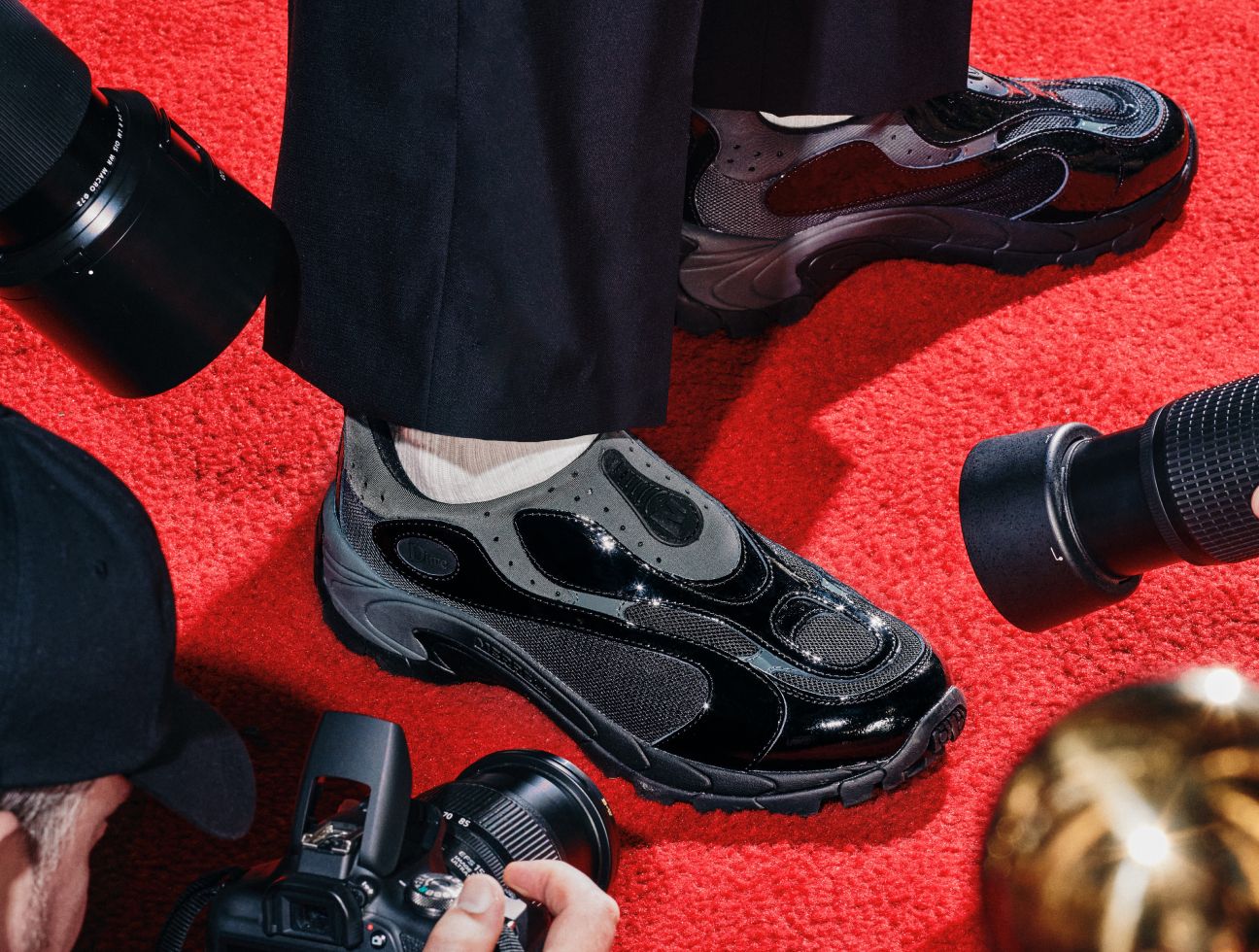 Different shots of people wearing Merrell X Dime shoes on the red carpet