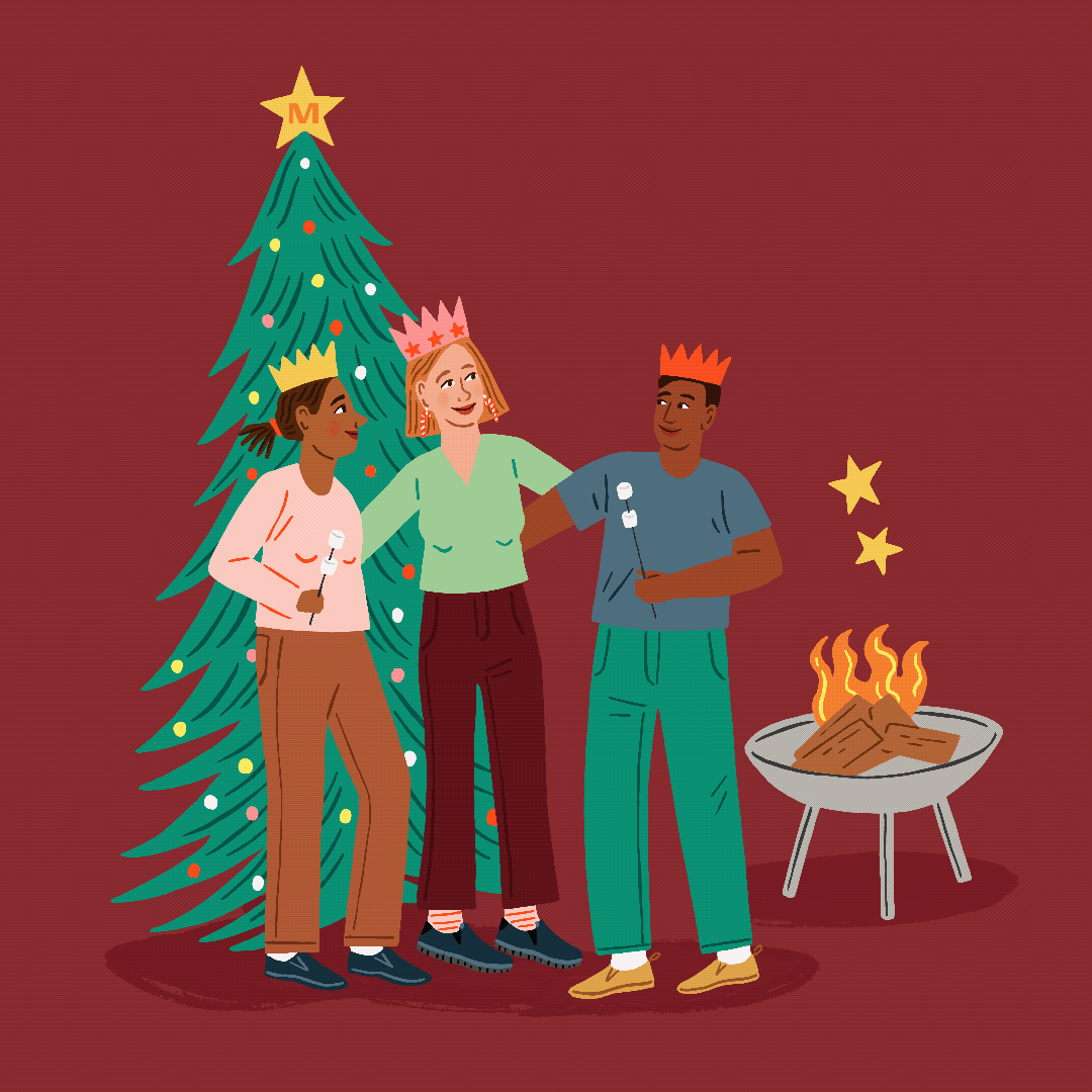 People gathering in front of a Christmas tree with a fire pit behind her