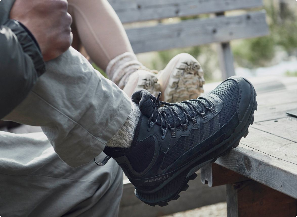 A closeup of a Merrell boot