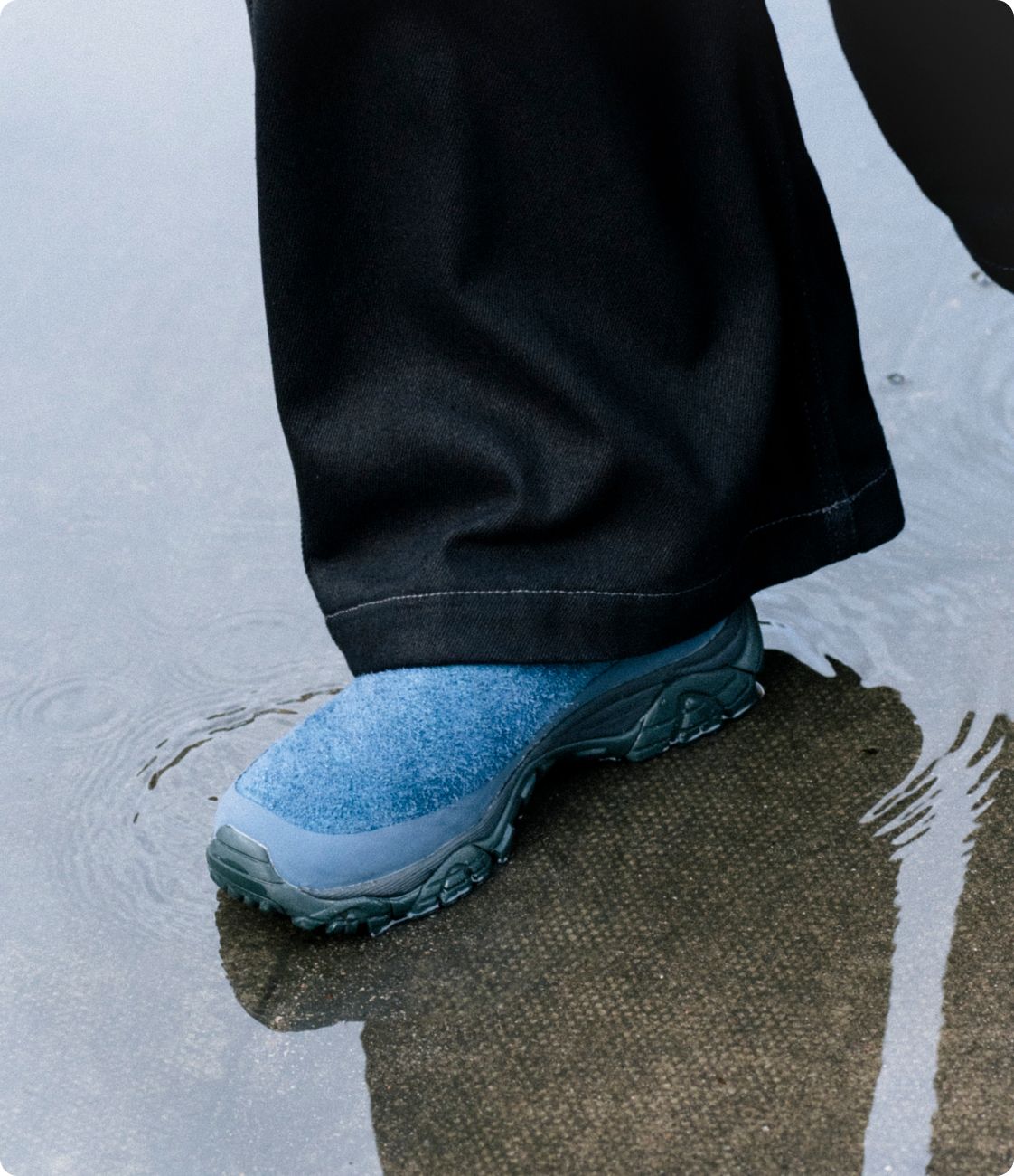 a person's foot in a puddle of water