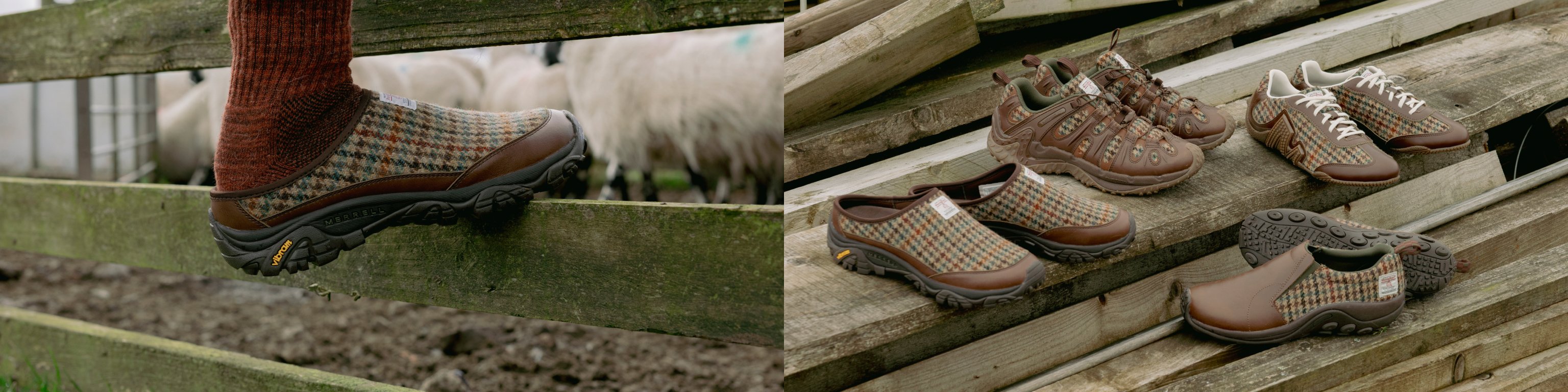 A Merrell Harris Tweed shoe stepping onto a wooden fence, next to the Harris Tweed collection on stacked wooden boards.