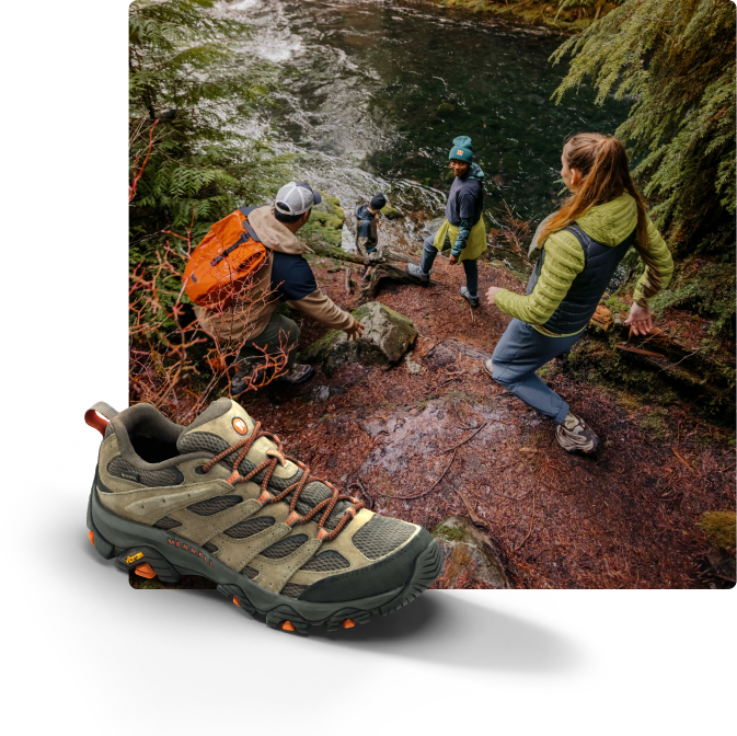 All the layers of the Moab 3 shoe next to a person running in the woods wearing the the shoes.