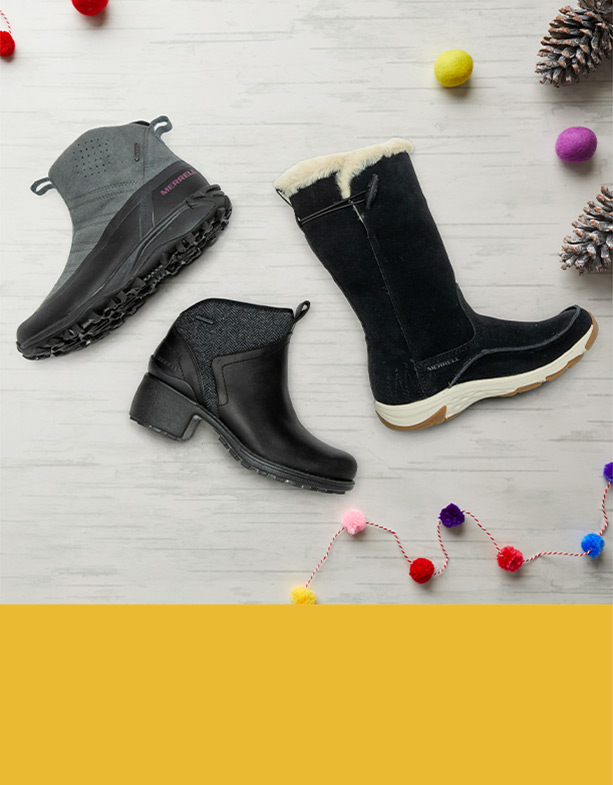 Womens Winter boots and holiday decorations.