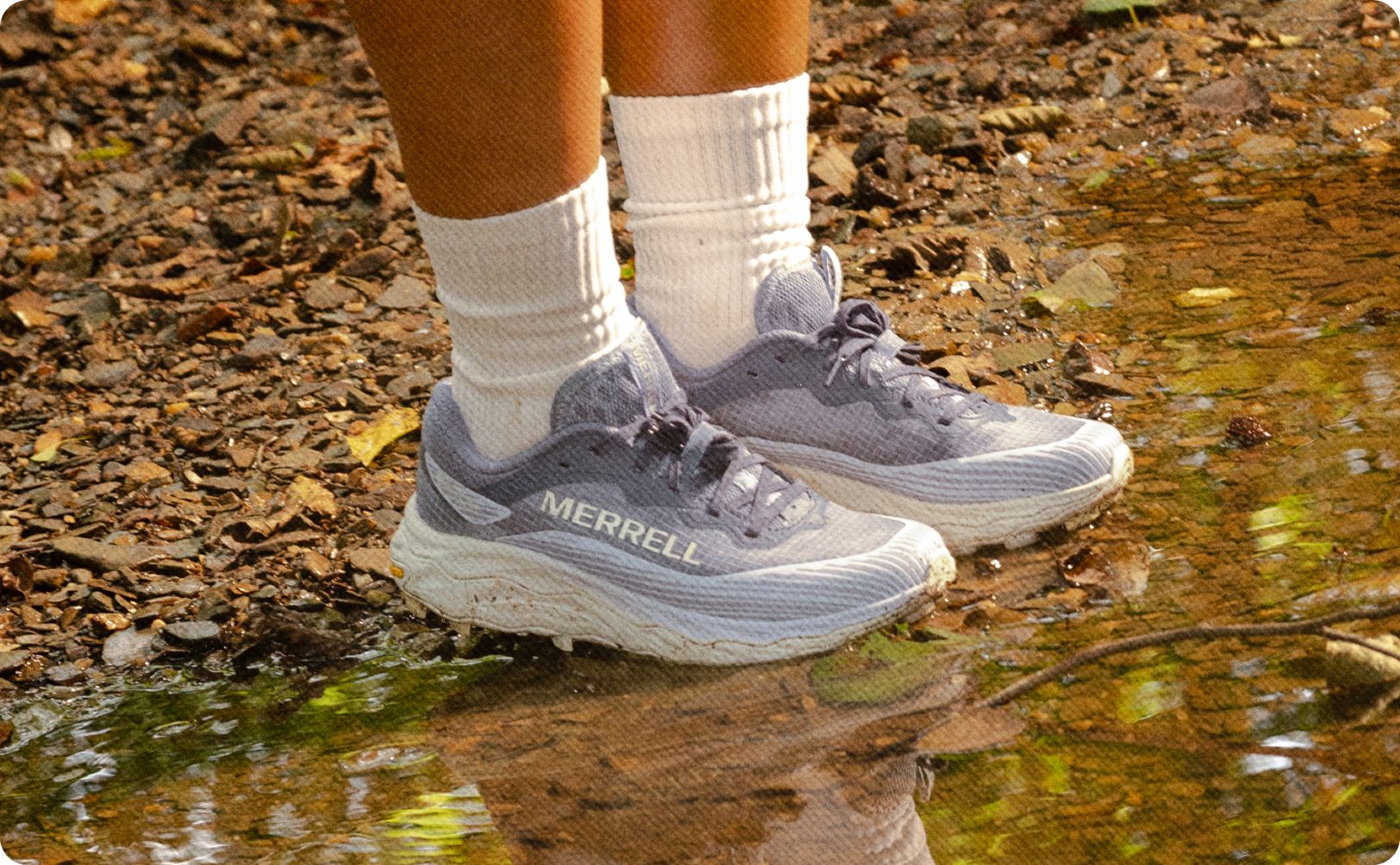 A closeup of Merrell shoes.