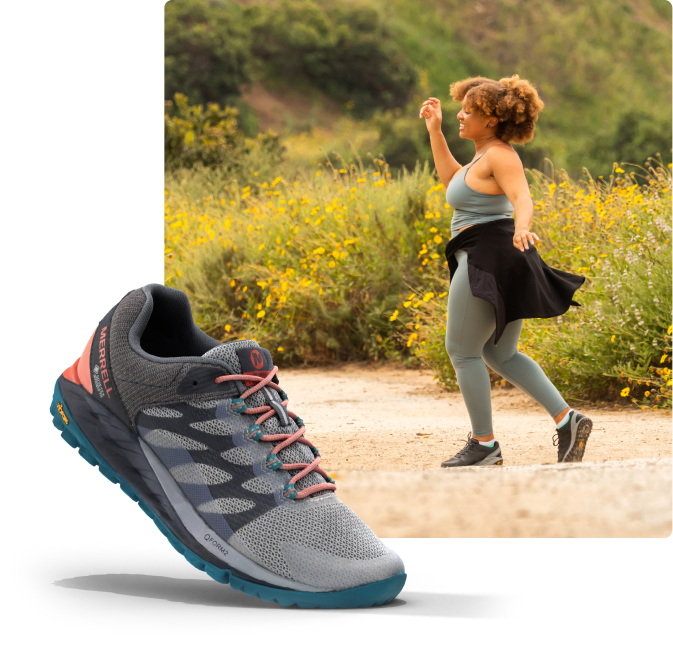All the layers of the Antora 2 shoe next to a person running in the woods wearing the the shoes.