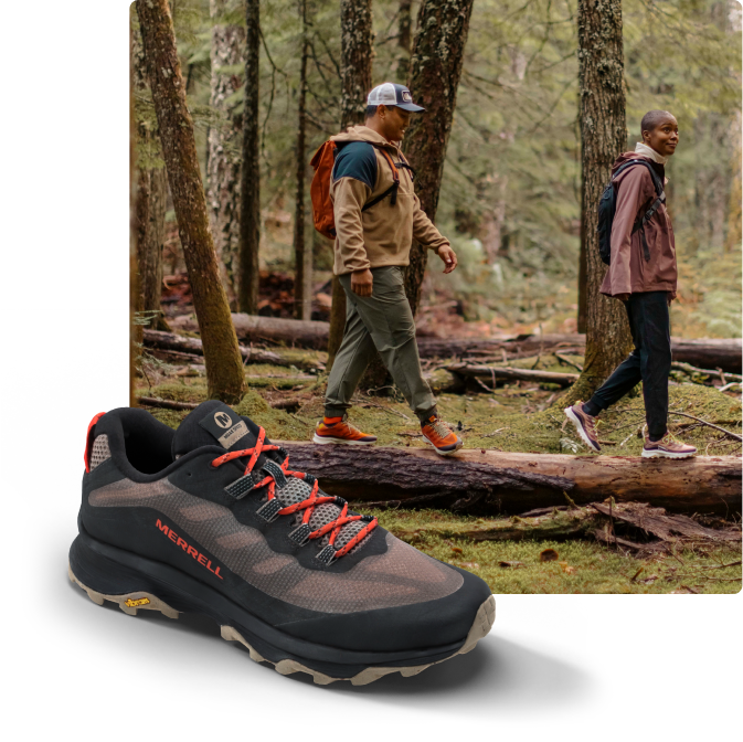 All the layers of the Antora 2 shoe next to a person running in the woods wearing the the shoes.