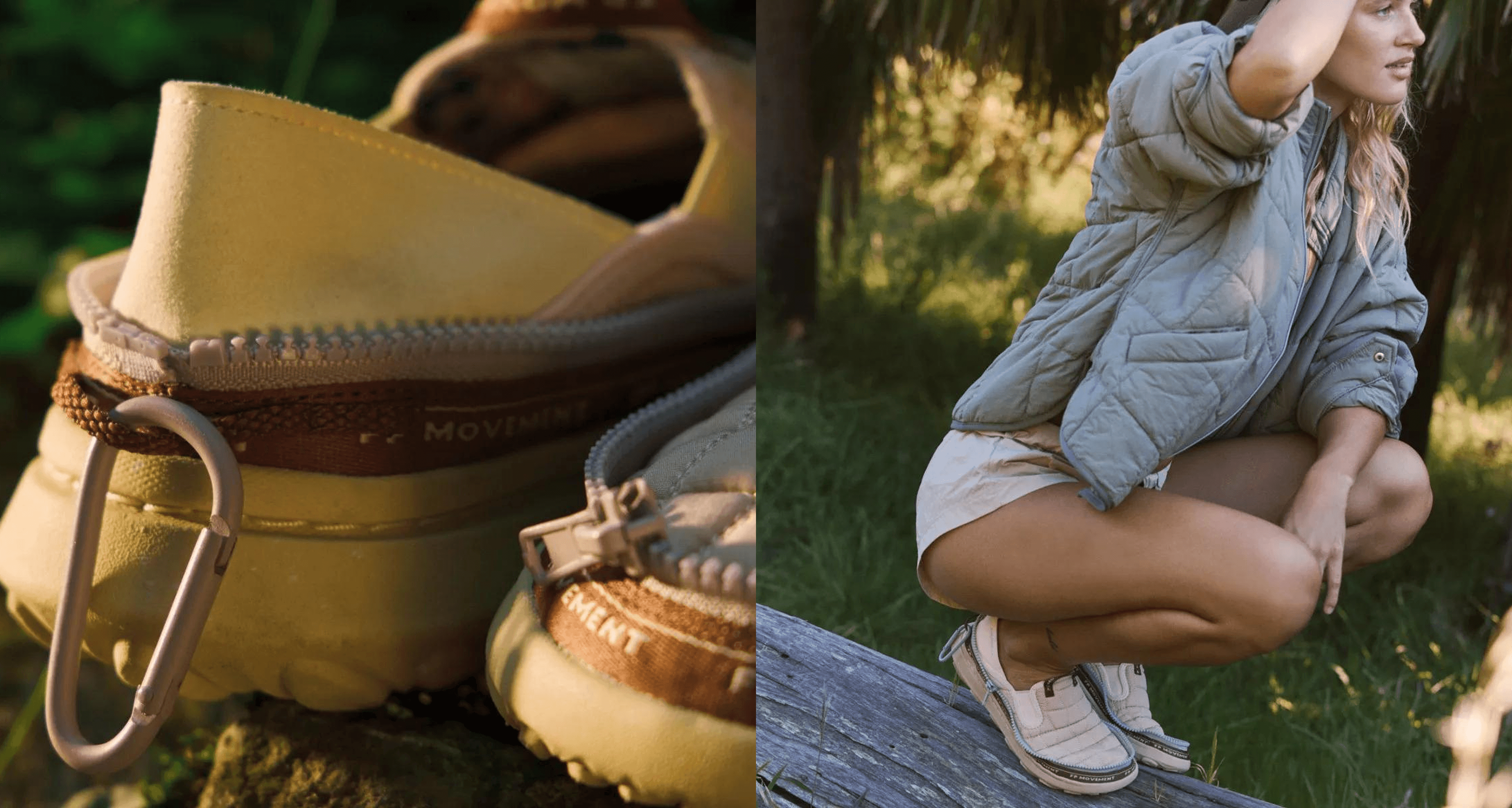 A collage of slip ons, and a person balancing on a log looking into the distance.