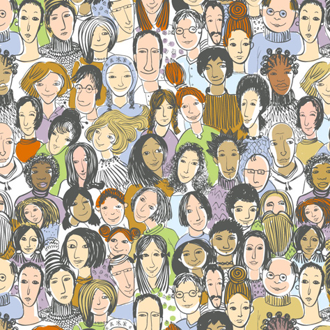 A drawing of multi-racial faces in a crowd.