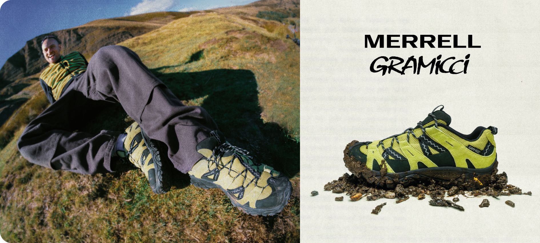 Merrell and Gramicci collaboration - person on hillside wearing Gramicci pants and Moab shoes
