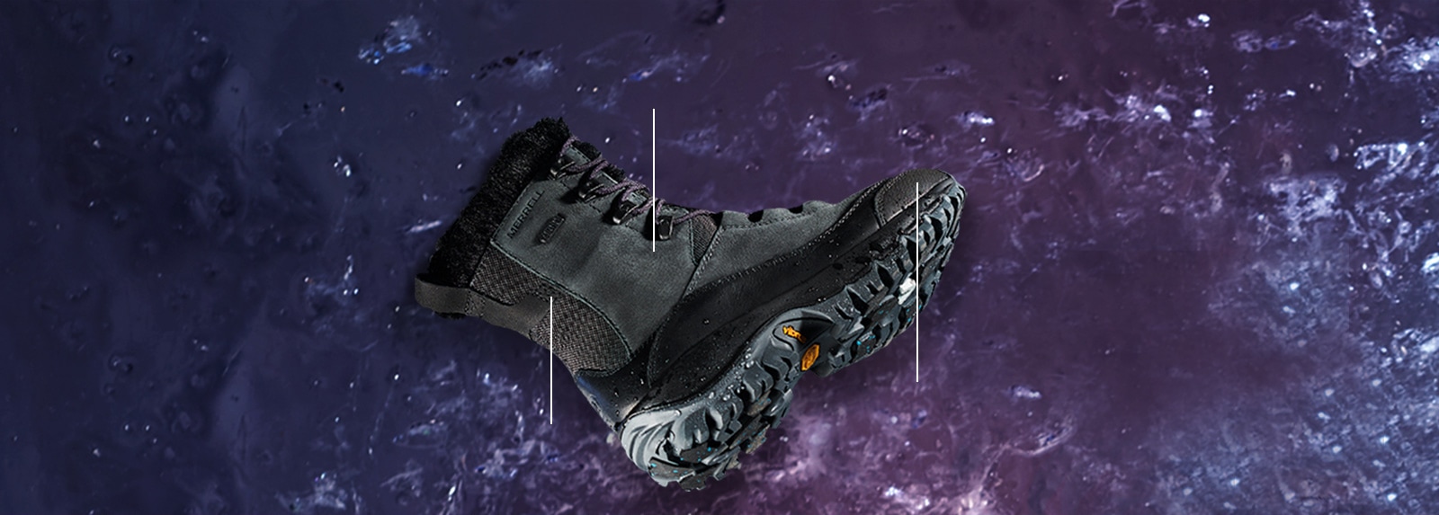 Merrell Thermo Rhea boot over a purple moon-like background