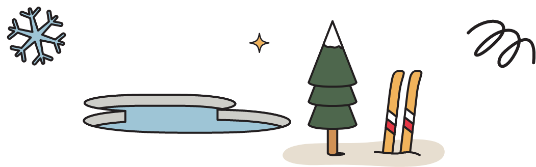Illustrations of holiday themed things, including a snowflake, lake, tree and skis.