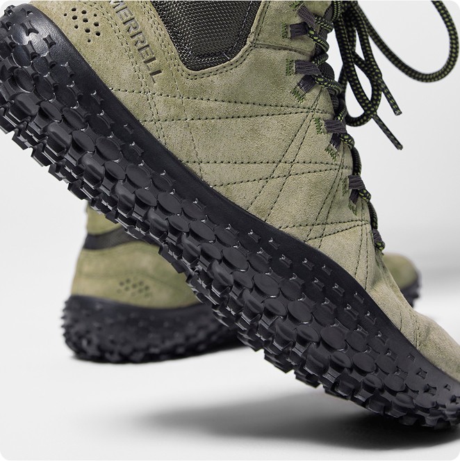 Close-up of a Merrell jungle mocs.