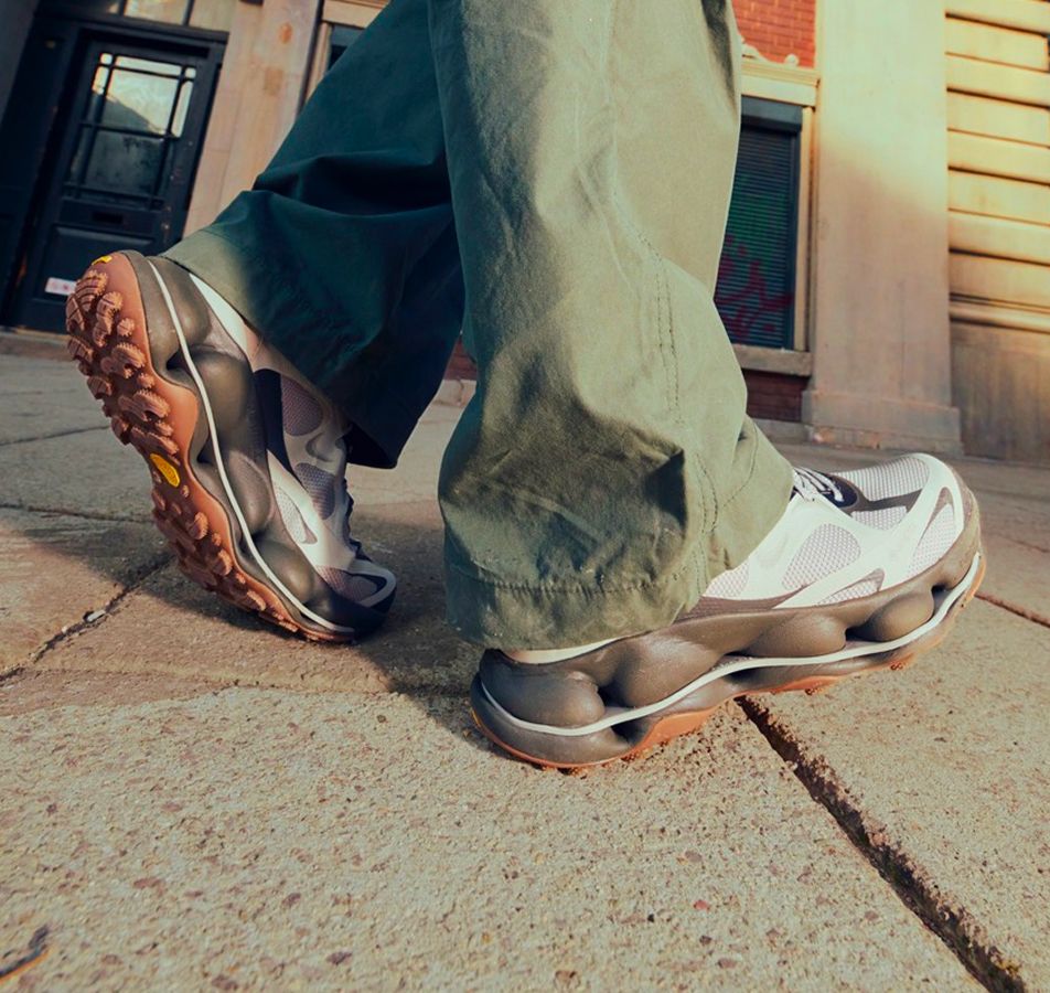 Closeup of person wearing new Merrell shoes