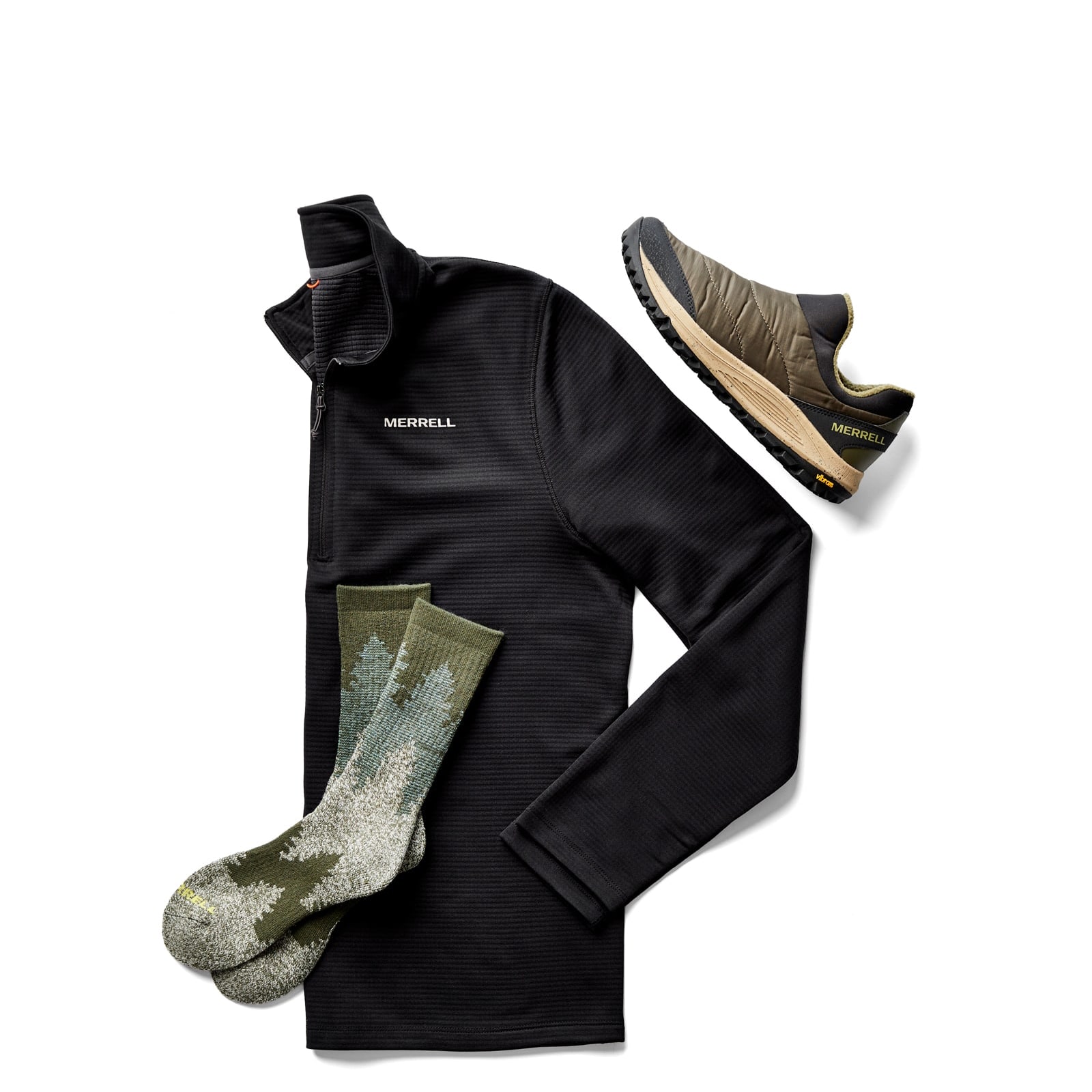 Merrell sneaker moc, pullover, and socks.