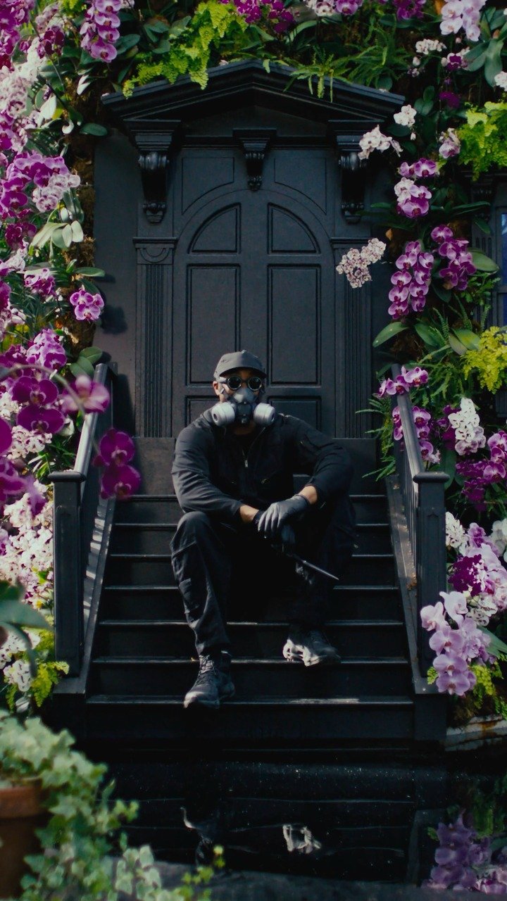 Mr. Flower Fantastic sitting on a flower covered New York City stoop