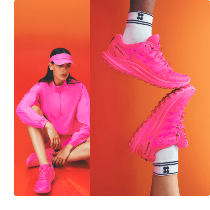 Girl wearing all pink and the Antora x Sweaty Betty shoes.
