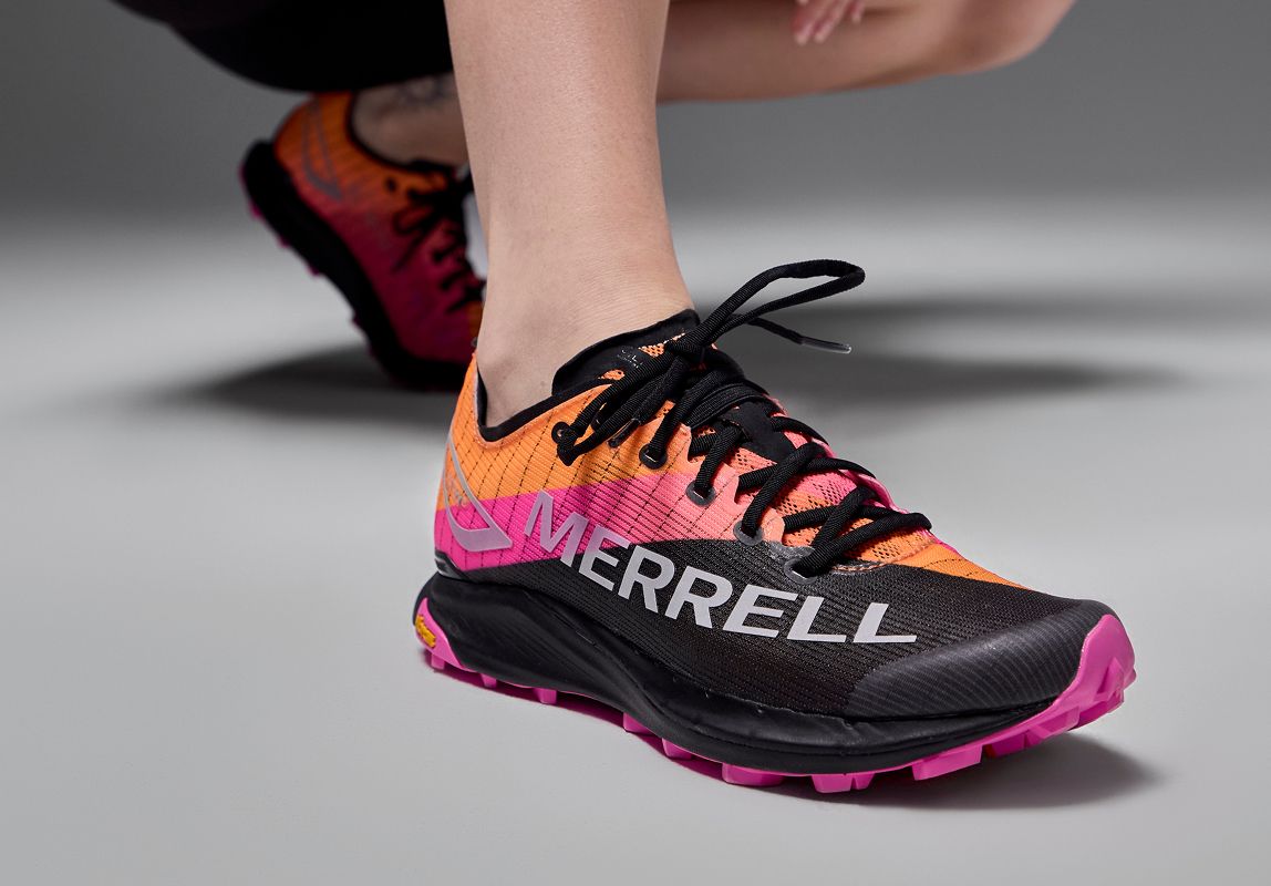 Close up of Merrell Skyfire 2 shoes on concrete.