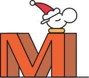 Cartoon snowman with the Merrell M logo