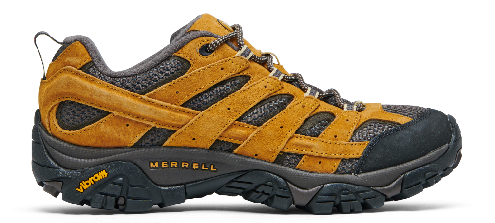 Yellow Merrell hiking shoe.