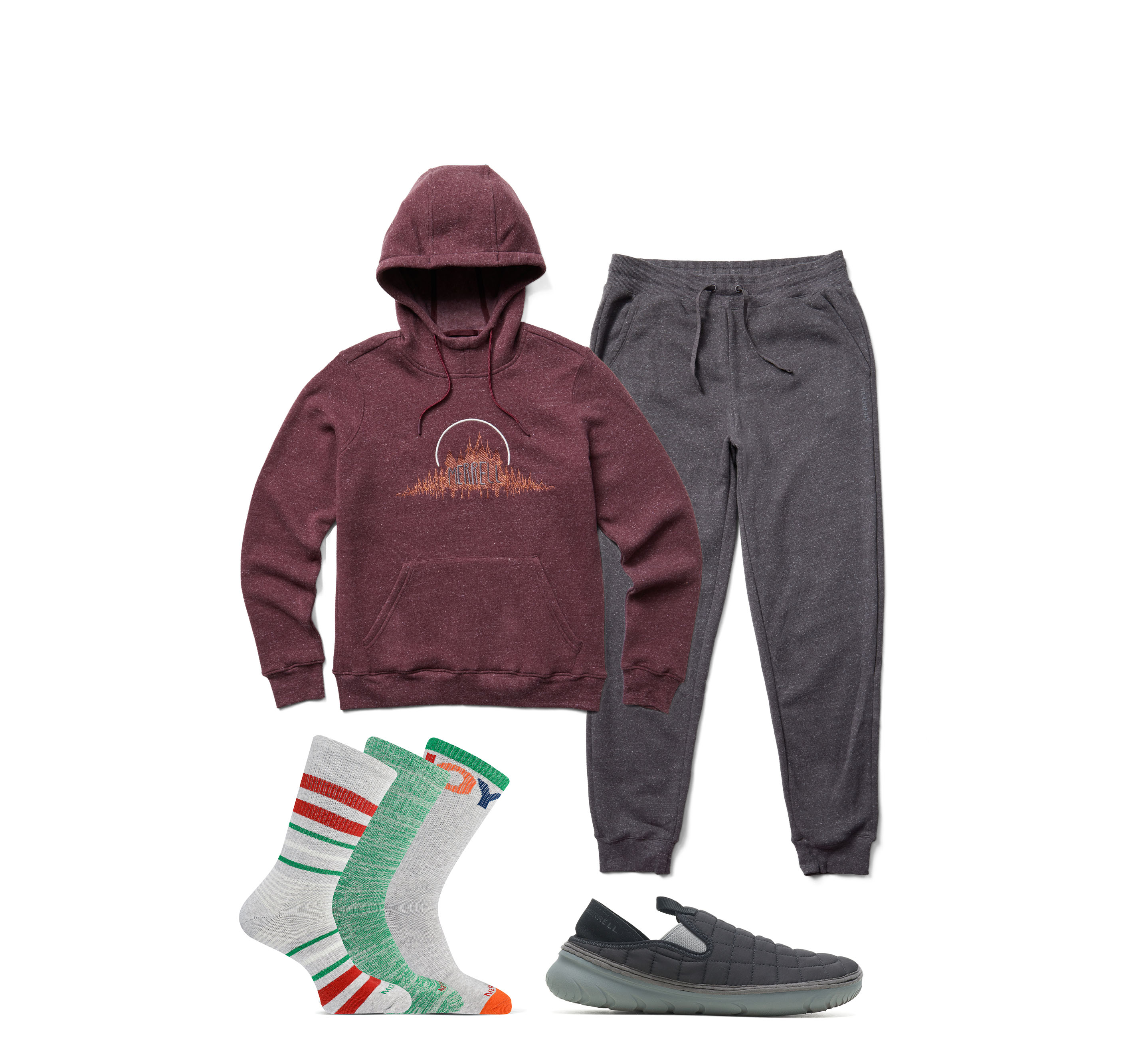 Merrell sneaker moc, pullover, and socks.
