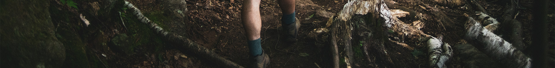 Deep in the forest with fallen birch trees and lots of moss and mushrooms someones foot treds quickly wearing grey hiking boots and tall blue socks