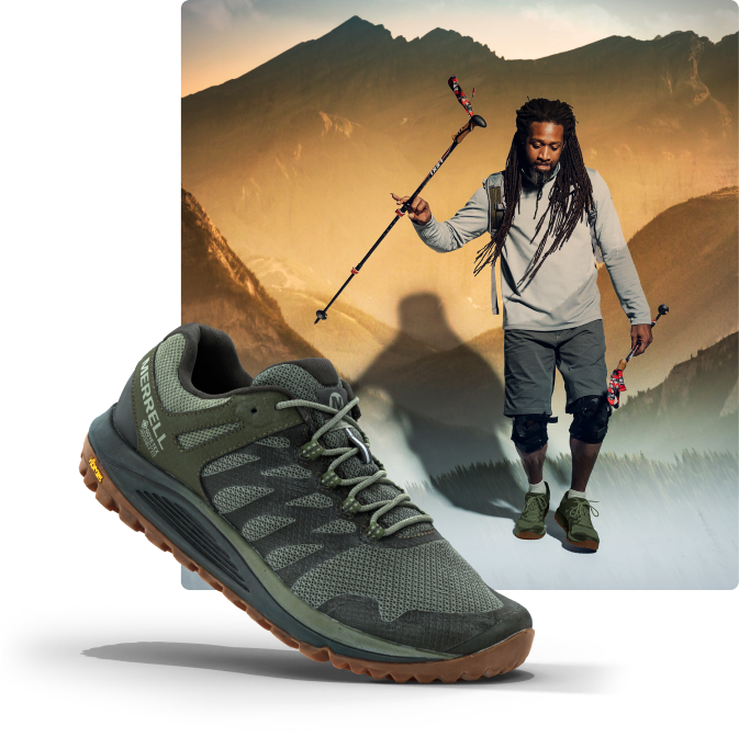 All the layers of the Moab 3 shoe next to a person running in the woods wearing the the shoes.