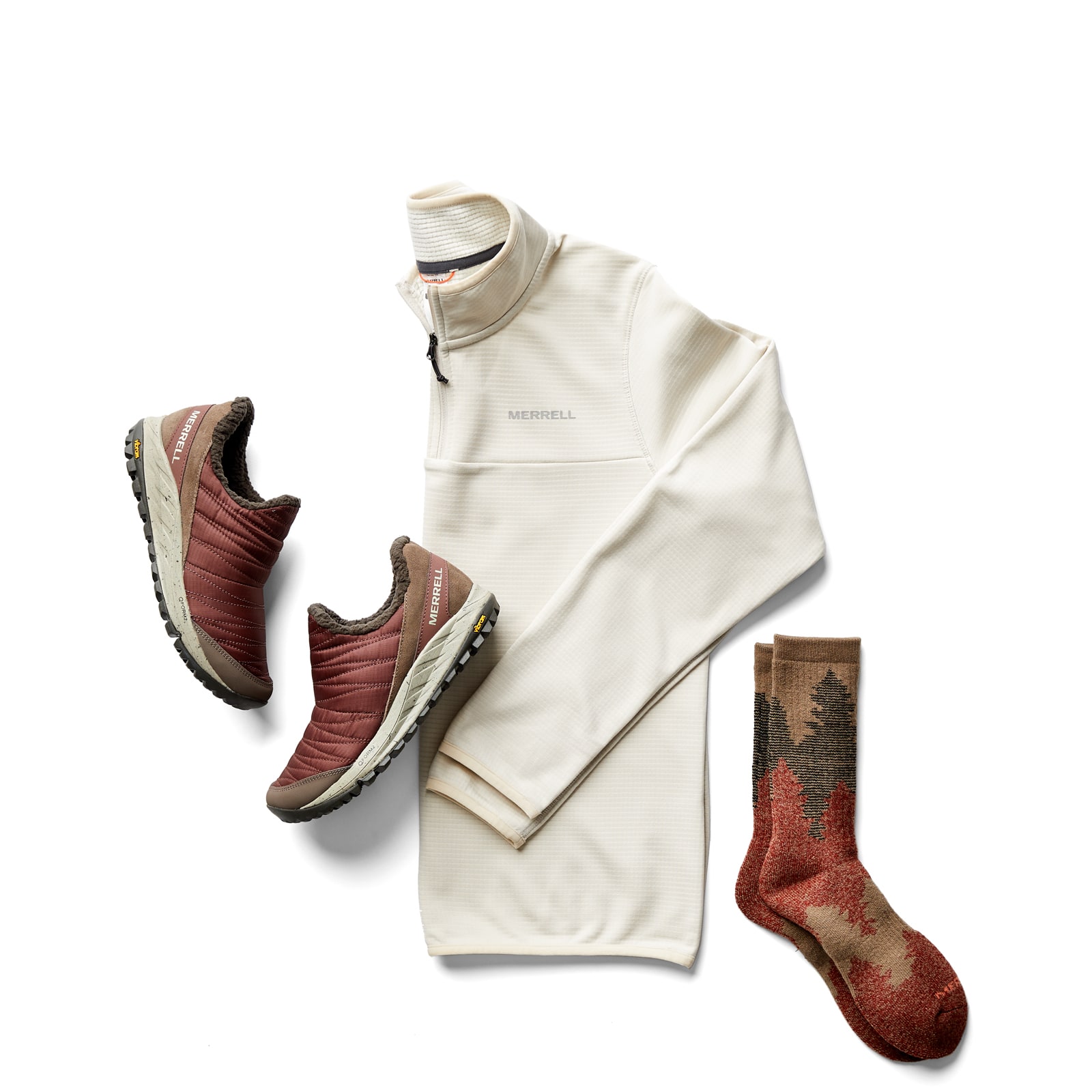 Merrell sneaker moc, pullover, and socks.